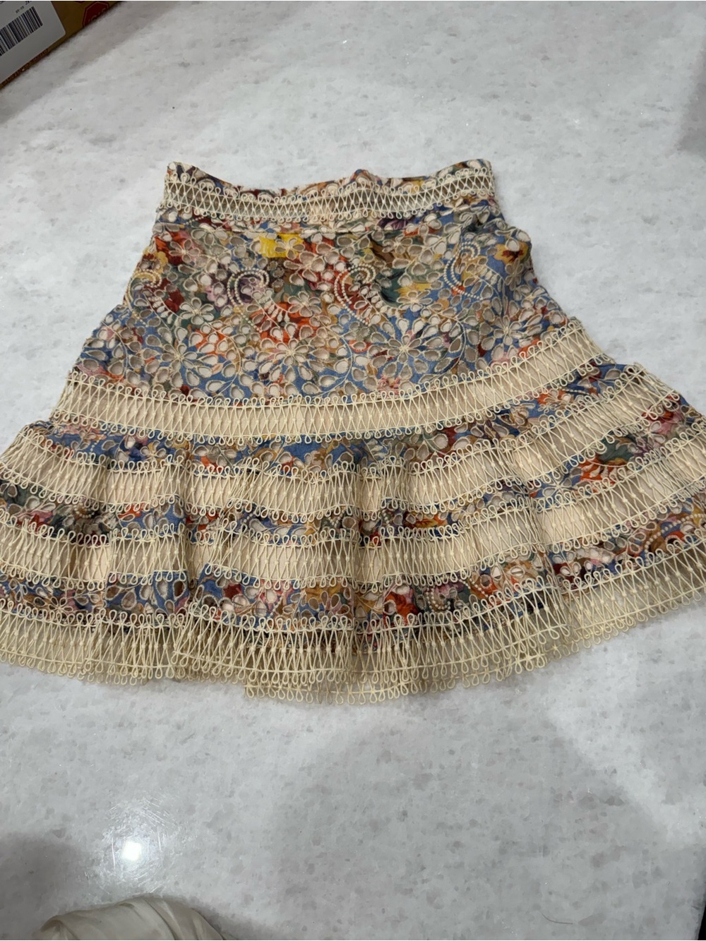 Zimmermann Cream Crochet-Trim Floral Tiered Skirt